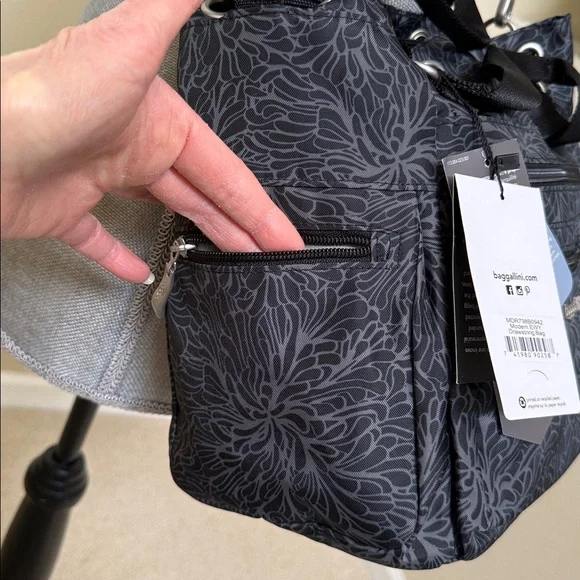 Baggallini Charcoal Floral Crossbody Bag. (Modern EWY Drawstring Bag) - Picture 14 of 16